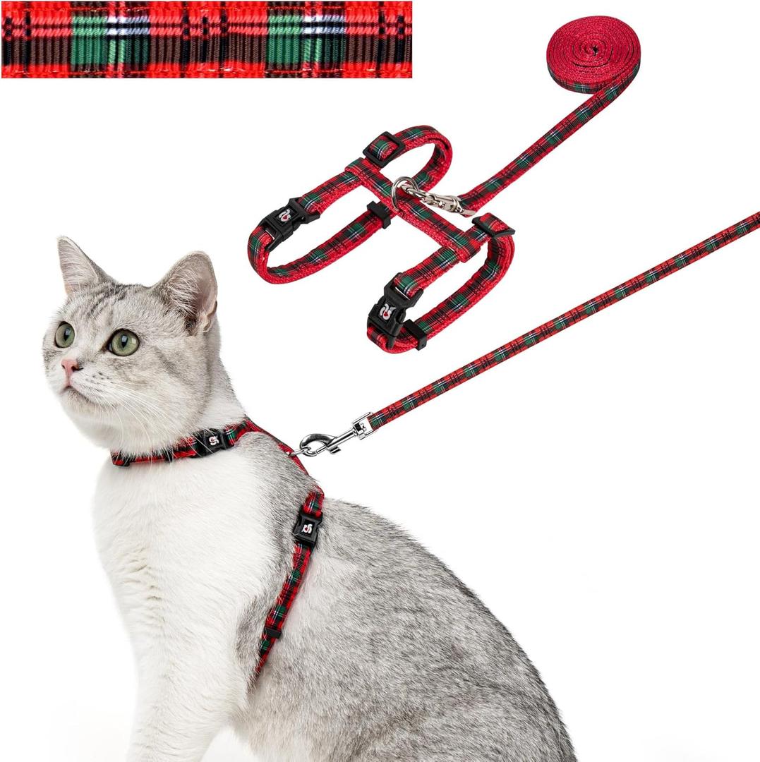 azuza Cat Harness and Leash Set for Safe Walking, Escape Proof, Soft and Comfortable, Adjustable Kitten Harness for Small Medium Large Cats, Christmas Plaid, Neck Girth: 7"-10", Chest Girth: 10"-17"