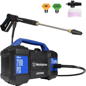 Westinghouse ePX3100v Electric Pressure Washer, 2100 Max PSI 1.76 Max GPM, Built-in Carry Handle, Detachable Foam Cannon, Pro-Style Steel Wand, 3-Nozzle Set, for Cars/Fences/Driveways/Home/Patios