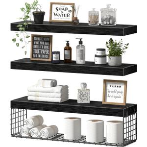 QEEIG Bathroom Shelves 24 inches Long - Floating Shelf for Wall Over Toilet Paper Storage Basket Farmhouse Set of 3, Black (019-60B3)
