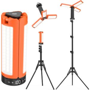 AKOFUN Camping Lights with Stand, 12000mAh Rechargeable Work Light Max Height 75, Telescoping Portable Outdoor Lights with 3 LED Lamp Heads, Magnetic Emergency Flashlight, Detachable Tripod, Orange