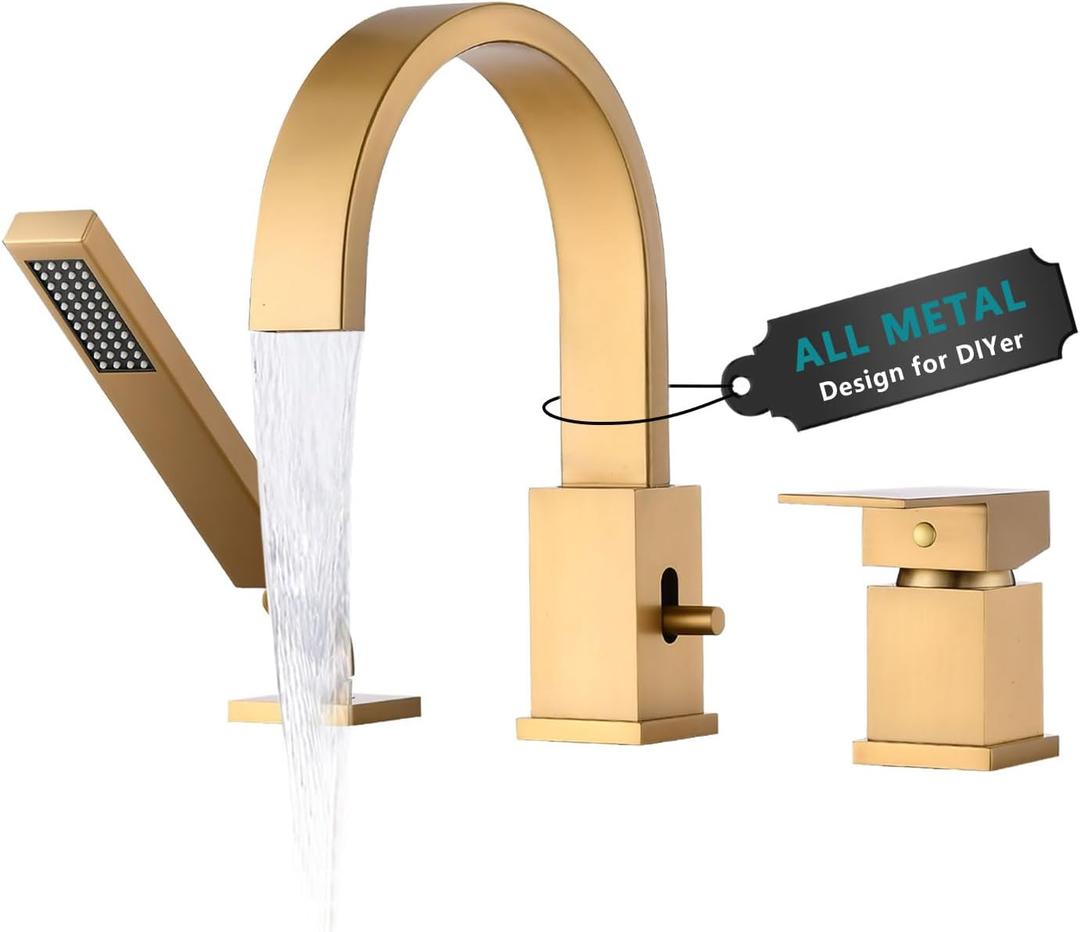 Brass Roman Tub Faucet with Sprayer, Deck Mount Bathtub Faucet with Hand Shower, 3 Hole Waterfall Faucet with 360 Spout, Single Handle Tub Filler with 8 GPM High Flow, Brushed Gold