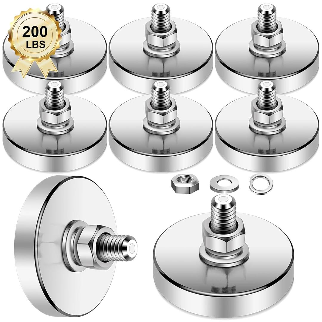 Super Strong Neodymium Round Magnet with M8 Male Thread Nuts Bolts 200 lb Corrosion-Resistant Mounting Magnet for Lighting Camera and Other Brackets Outdoor Tools 44mm D - 8 Packs