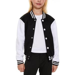 Kids Baseball Jacket School Varsity Uniform Casual Sweatshirt Girls Sweater Jacket Baseball Solid Color (10 Years, Black 01)