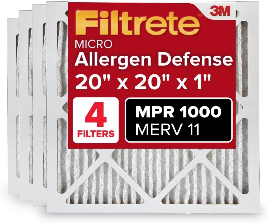 Filtrete 20x20x1 AC Furnace Air Filter, MERV 11, MPR 1000, Micro Allergen Defense, 3-Month Pleated 1-Inch Electrostatic Air Cleaning Filter, 4 Pack (Actual Size 19.69x19.69x0.81 in) (20 x 20 x 1)