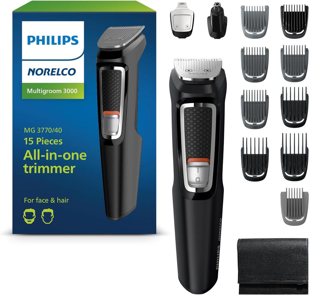 Philips Norelco Multigroom 3000 Series, All-in-One Trimmer, Beard Trimmer and Hair Clipper, 15-Piece Men's Grooming Kit for Head, Beard, Face, Nose, Ears, No Blade Oil Needed, Soft Pouch, MG3770/40 (Black/Chrome)