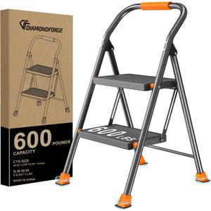 Step Ladder Foldable Folding Stool - for Home Adults Kitchen 2 Stepping Extension Tall Heavy Duty with Handrails - Closet Stepstool Stair Ladders Extendable Stepladder for Indoor House 600Lbs