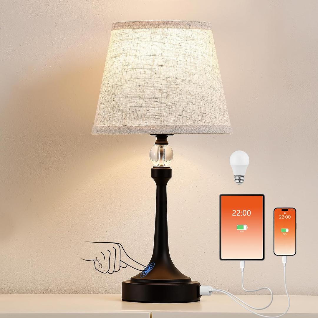 19.7'' Touch Table Lamps for Living Room, Small Lamp for Bedroom with USB C+A Ports, Dimmable Touch Lamps, Reading Desk Lamp for Office, Metal Bedside Lamps, Bulb Included, 1pcs, Black