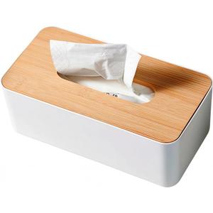 Tissue Box with Bamboo Cover, Plastic Tissue Organizer, Bathroom Tissue Dispenser for Home, Bedroom, Office, Living Room, 8.4 × 4.7 × 3.3 in (Grey)