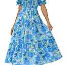 PRETTYGARDEN Womens Dresses 2023 Boho Dress Short Sleeve V Neck Floral Ruffle Tiered Maxi Dress Smocked Cocktail Dresses (Big Floral White and Blue,X-Large)