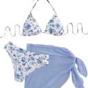 SHENHE Women's 3 Piece Polka Dots Floral Bikini Set with Wrap Coverup Halter Triangle Swimsuits, Medium