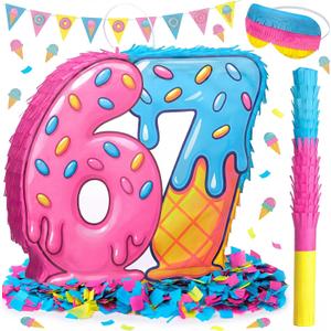 67 Themed Ice Cream Drip Piata Six Seven Birthday Party Supplies Ice Cream Drip Pinata Bundle with Blindfold Stick and Confetti for Birthday Summer Party