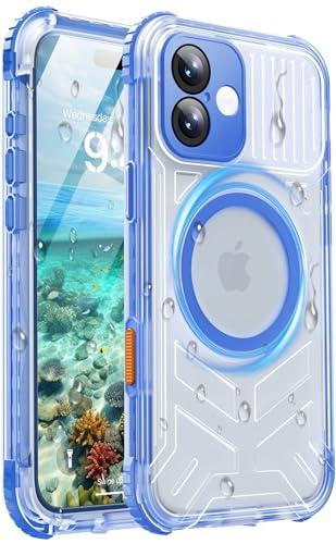 Haireca for iPhone 16 Plus Waterproof Case with Magsafe, Built in Camera Control [Screen Protector] [Lanyard], IP68 Military Full Body Shockproof, for Water Sports Outdoor Work, 6.7" Frosted Blue
