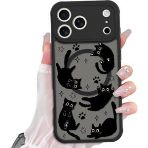 Heaofei Cute Magnetic Case for iPhone 17 Pro Case [ Compatible with MagSafe ] with Black Cats Cat Pattern Design for Women Girls Boys, Soft Bumper Hard Back Kawaii Animal Protective Phone Cover