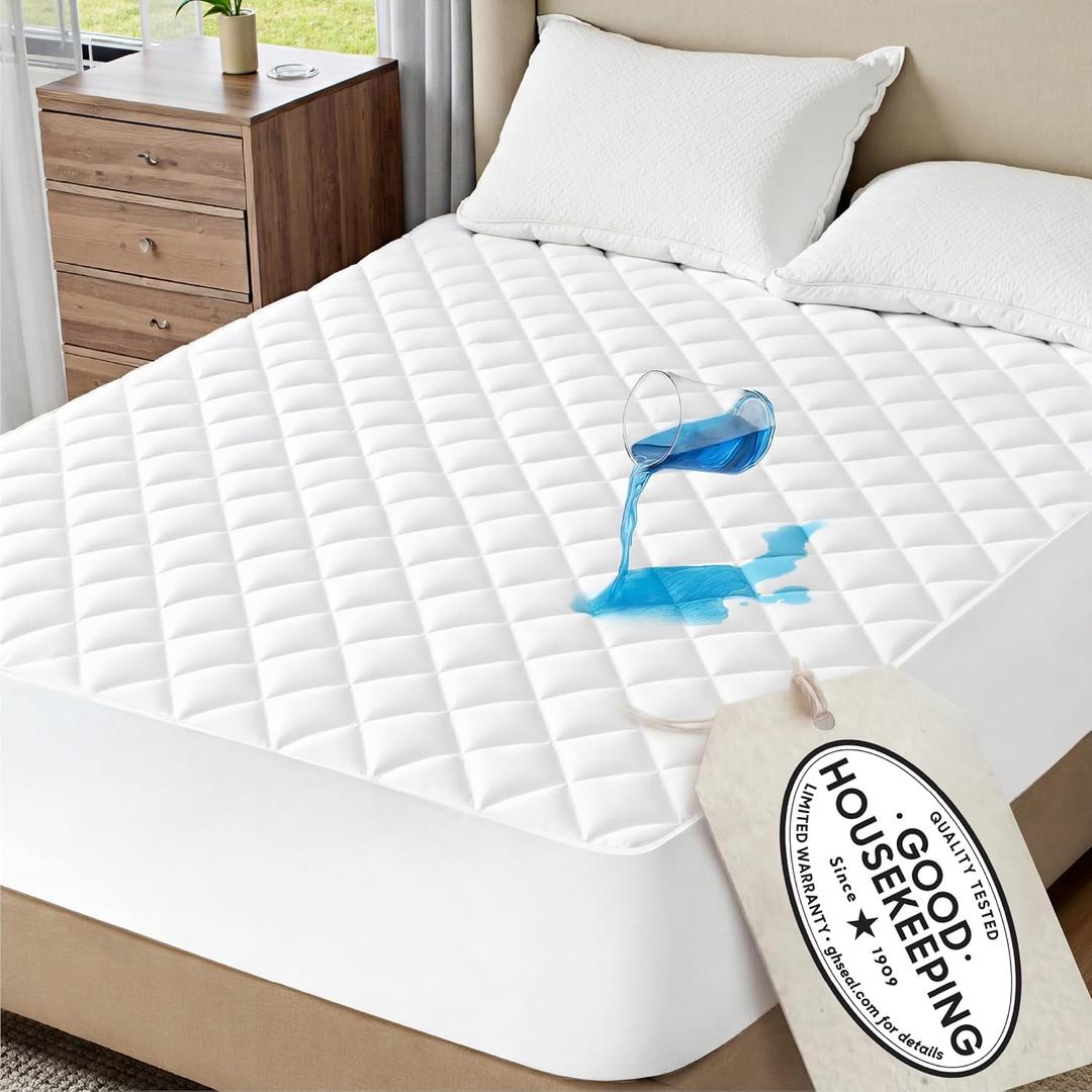 Bedsure Queen Mattress Protector, Quilted Waterproof Mattress Protector with Deep Pocket up to 22 Inches, Soft Breathable Noiseless Bed Pad Topper, Queen Bed Cover for Home, Bedroom, Hotel White