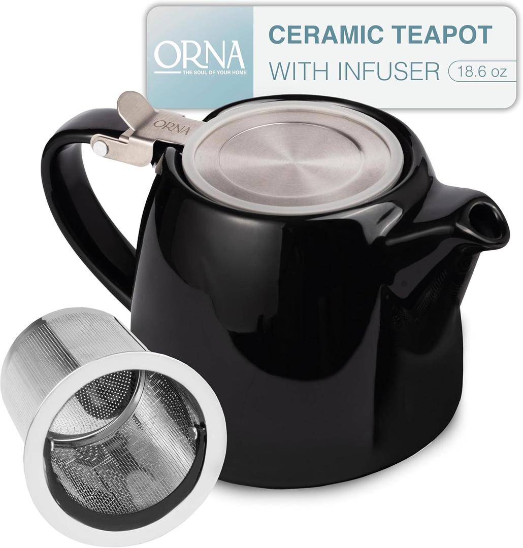 ORNA Ceramic Teapot with Tea Infuser  Small Tea Pot for Loose Leaf Tea  550ml / 18.6 Oz Porcelain Non-Stove Teapot for 2 Cups with Tea Strainer (Black)
