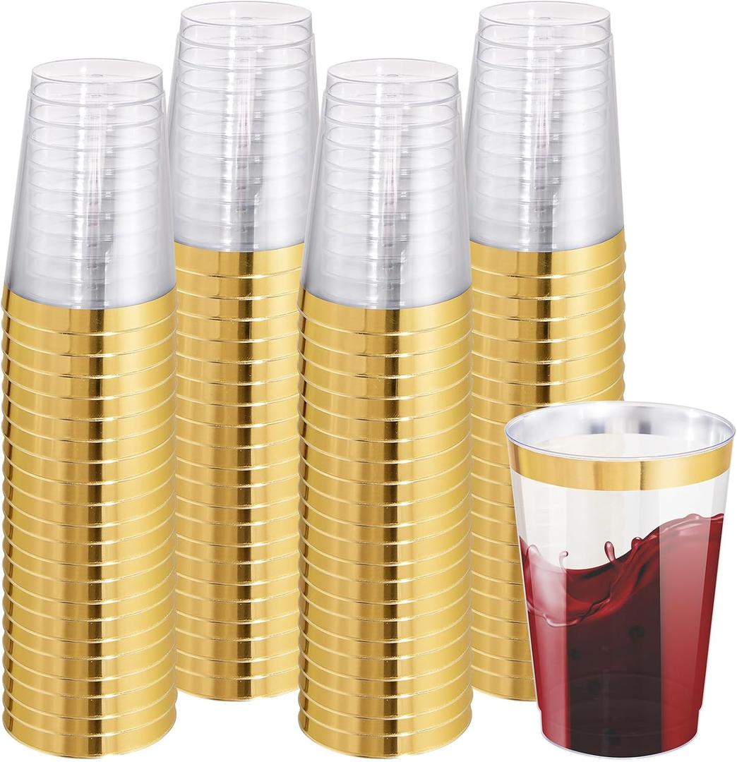 I00000 100 Pack 12 oz Gold Plastic Cups, Gold Rimmed Disposable Cups, Disposable Glasses Cocktail Glasses Premium Cup with Golden Rim, 12 Ounce Plastic Tumblers for Party & Wedding