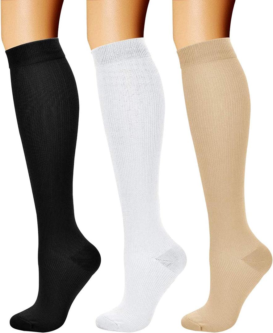 CHARMKING Compression Socks for Women & Men Circulation (3 Pairs) 15-20 mmHg is Best Support for Athletic Running Cycling (Small-Medium, 02 Black/White/Nude)