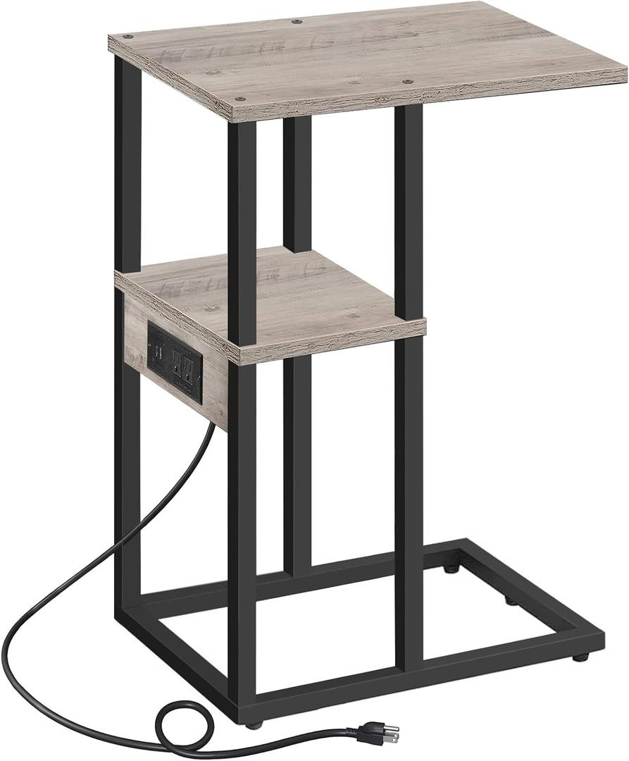 TUTOTAK C Shaped End Table with Charging Station, Side Table for Small Spaces, Living Room, Bedroom V1TB01BG043 (Grey)