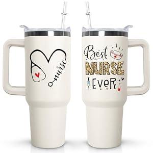 Ceovfoi 40 oz NurseTumbler with handle Lid and Straw, Best Nurse Ever Vacuum Insulated Travel Coffee Mug CupTumbler, Nurse Gifts for Women