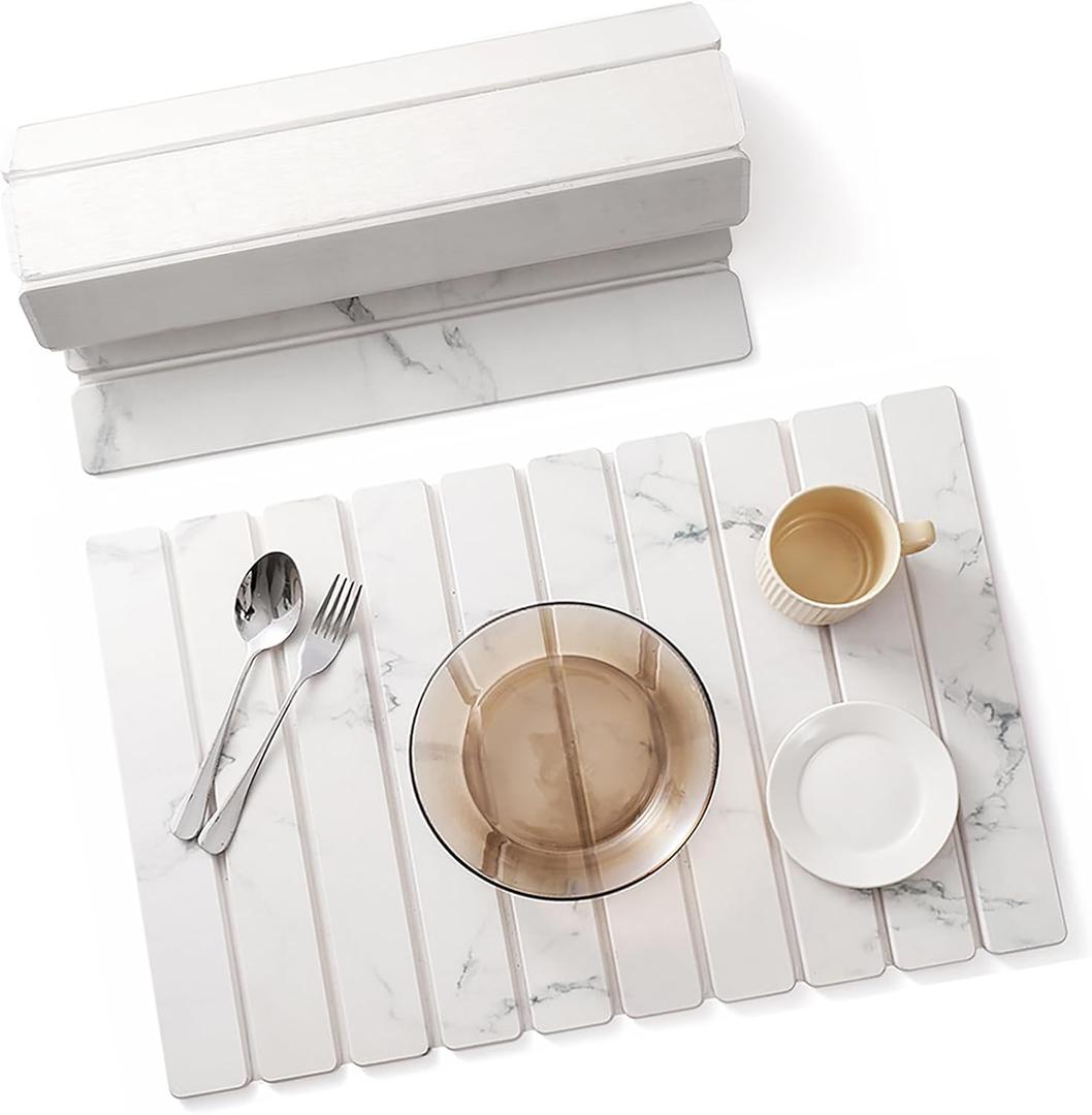 Large Stone Dish Drying Mat for Kitchen Counter, 24"16" Quick Dry Collapsible Diatomaceous Earth Mat  Super Absorbent Foldable Drying Pad for Dishes (Marble White, 23.2" x 15.4")