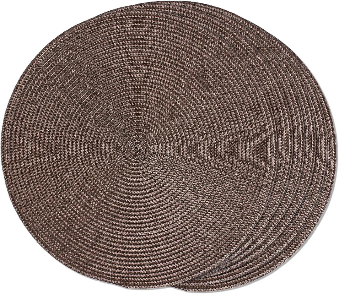 FunWheat Round Braided Placemats Set of 6 Table Mats for Dining Tables Woven Washable Non-Slip Place mats 15 inch (Brown, 6pcs)