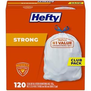 Hefty Strong White 13 Gallon Trash Bags with Drawstrings, Unscented Tall Kitchen Trash Bags, Resists Leaks, Punctures, and Tears, Durable Closure, 120 Ct.
