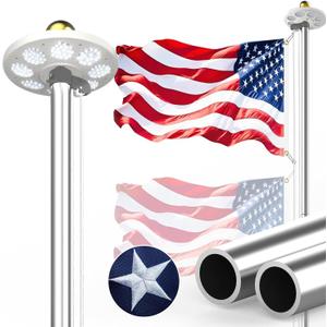 11 Gauge Flag Pole Kit with Solar Light for Outside House, 120 MPH Flagpole Hardware 25FT Silver Metal for In Ground Use, 2.3 mm Thickness, with Flag