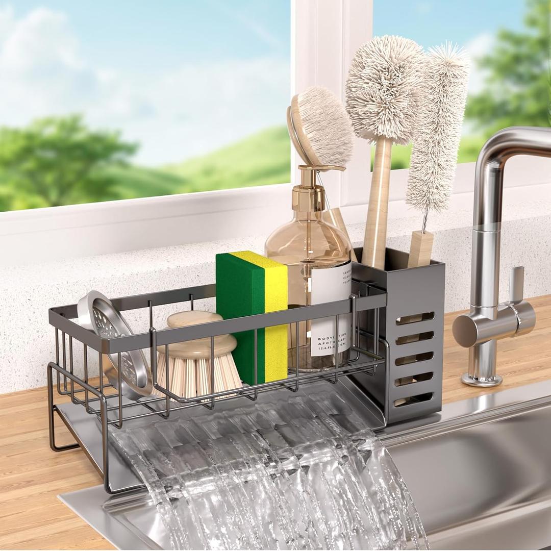 NET MEYA Large Capacity Kitchen Sink Caddy Organizer, Rustproof Non-Slip Sponge Holder with Dish Brush Holder,Soap Dispenser Storage,Kitchen Accessories for Organization,Gray