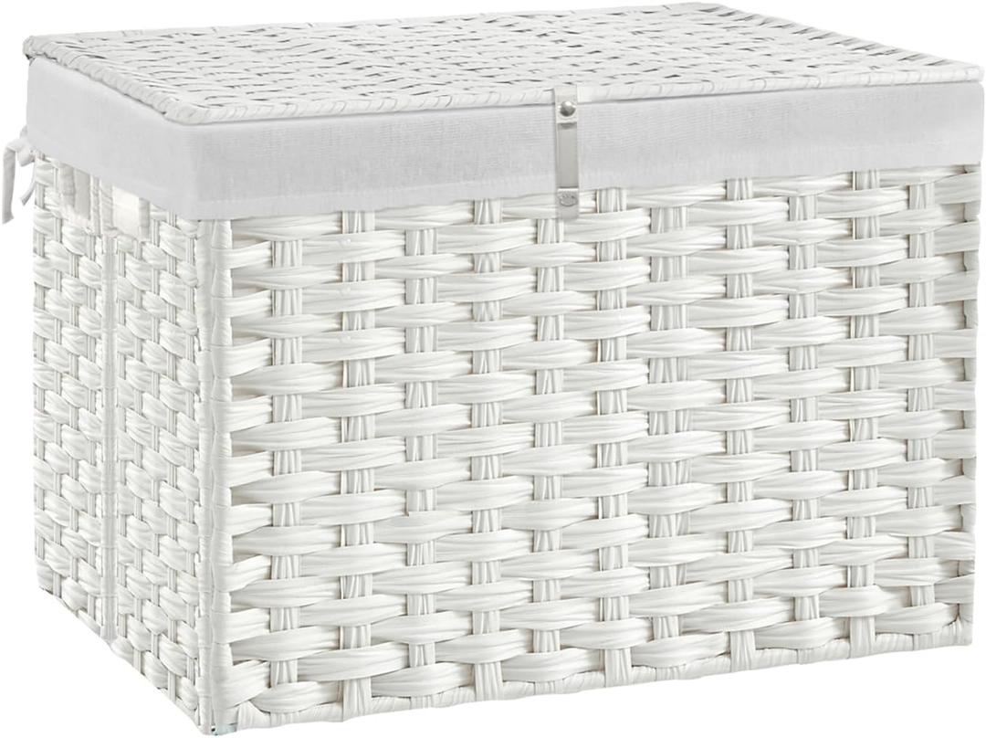 135L Wicker Storage Basket with Lid, Handwoven Large Shelf Basket with Removable Liner, 35.7 Gallon Wicker Basket for Blanket, Storage Trunk with Handle for Closet, Bedroom, Livingroom, Brown, White (135 L(23.62 x17.72 x 19.68 Inches))