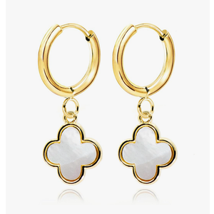 Four Leaf Clover Dangle Earrings for Women • 14K Gold Plated White Mother of Pearl/Black Onyx/CZ Diamond Lucky Clover Charm Drop Huggie Hoops Earrings [CVRE]