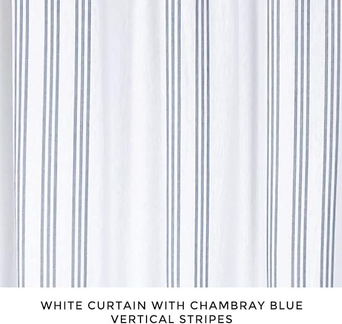 HALL & PERRY Modern Transitional Chambray Blue Striped Shower Curtain with Tassels - Vertical White and Chambray Blue Striped 100% Cotton, 72" x 72"