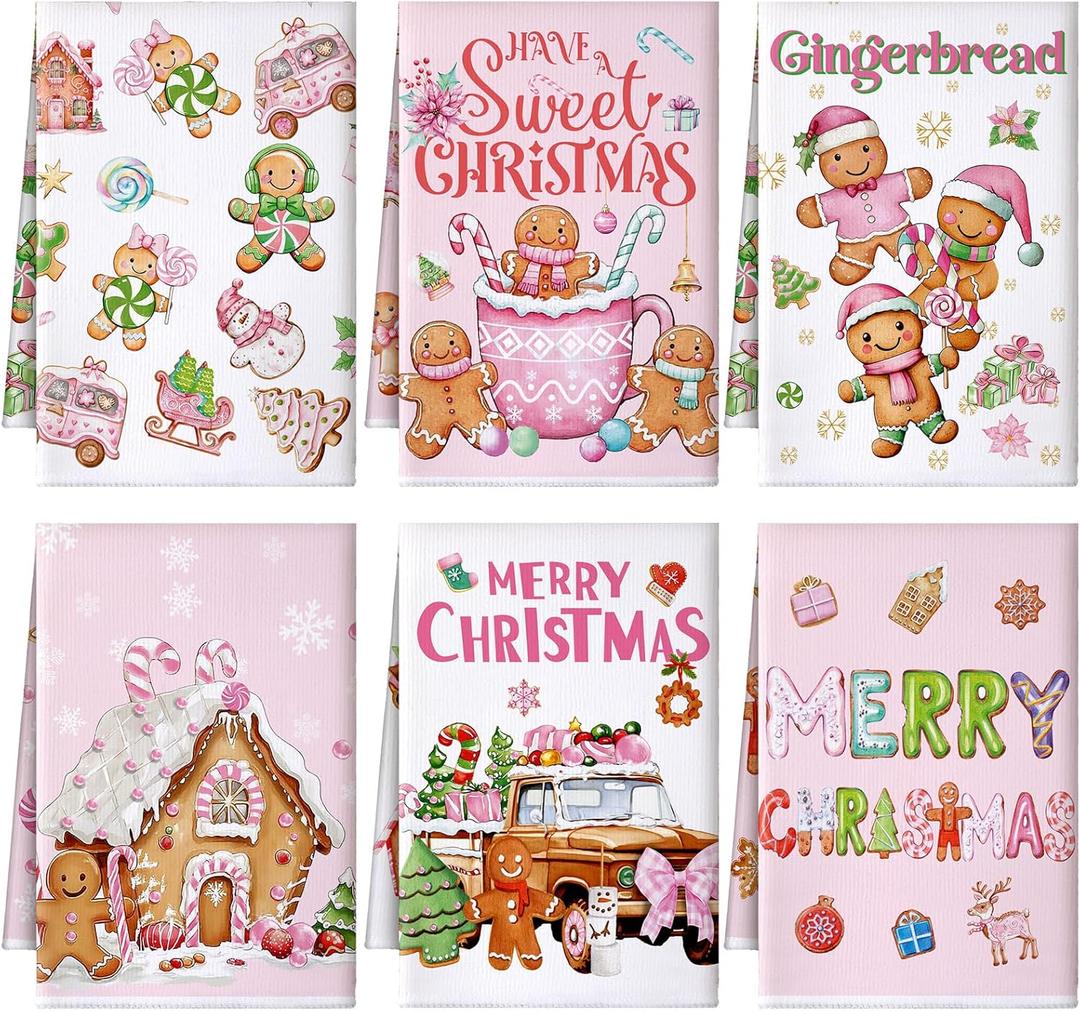 Preboun 6 Pcs Merry Christmas Kitchen Towels Gingerbread Decorative Hand Towels Sweet Cute Pink Dish Cloth Farmhouse Xmas Tea Cloth Kitchen Accessories Bathroom Decor (Fresh Color)