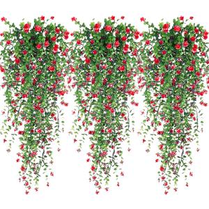 Artificial Hanging Flowers, 3 Pcs Fake Hanging Plants Artificial Vines for Outdoors, Fake Ivy Vine UV Resistant No Fade Faux Plants for Indoor Outside Garden Patio Yard Greenery Decoration (Dark Red)
