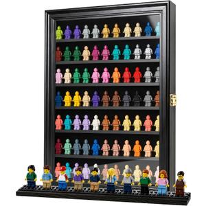 Minifigure Display Case Wall Mounted Lockable Cabinet with UV Door, Adjustable Shelves & Anti-Slip Strips for Building Block Toys, Model Cars, Action Figures, Coins, Medals, Black