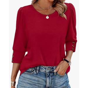 OFEEFAN Womens Tops 3/4 Sleeve with Buttons Dressy Casual Blouses Summer Outfits Beach Vacation Plus Size Spring Clothes Size Large