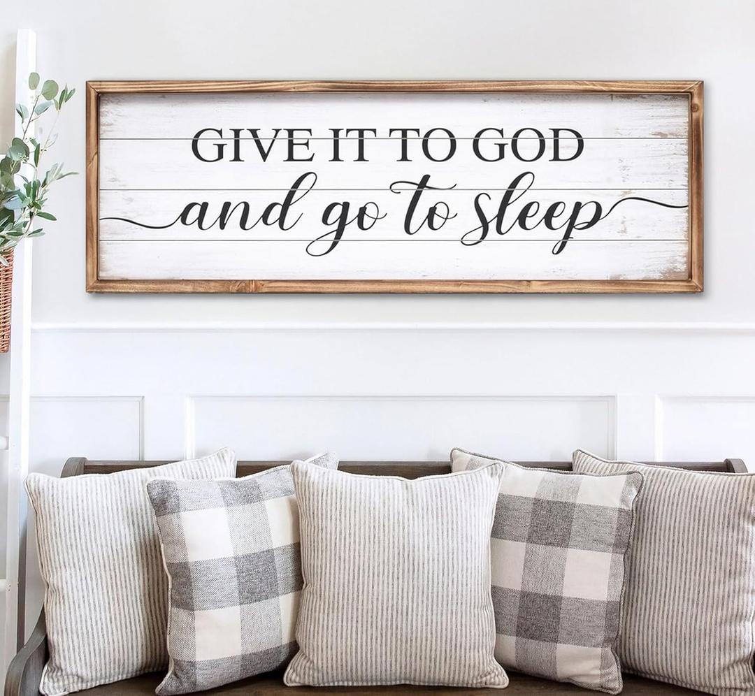Give It to God and Go to Sleep Sign 42''15'' Large Above Bed Wall Decor Farmhouse Bedroom Decor Wood Guest Room Decor Framed Wall Art Rustic Master Bedroom Wall Decoration