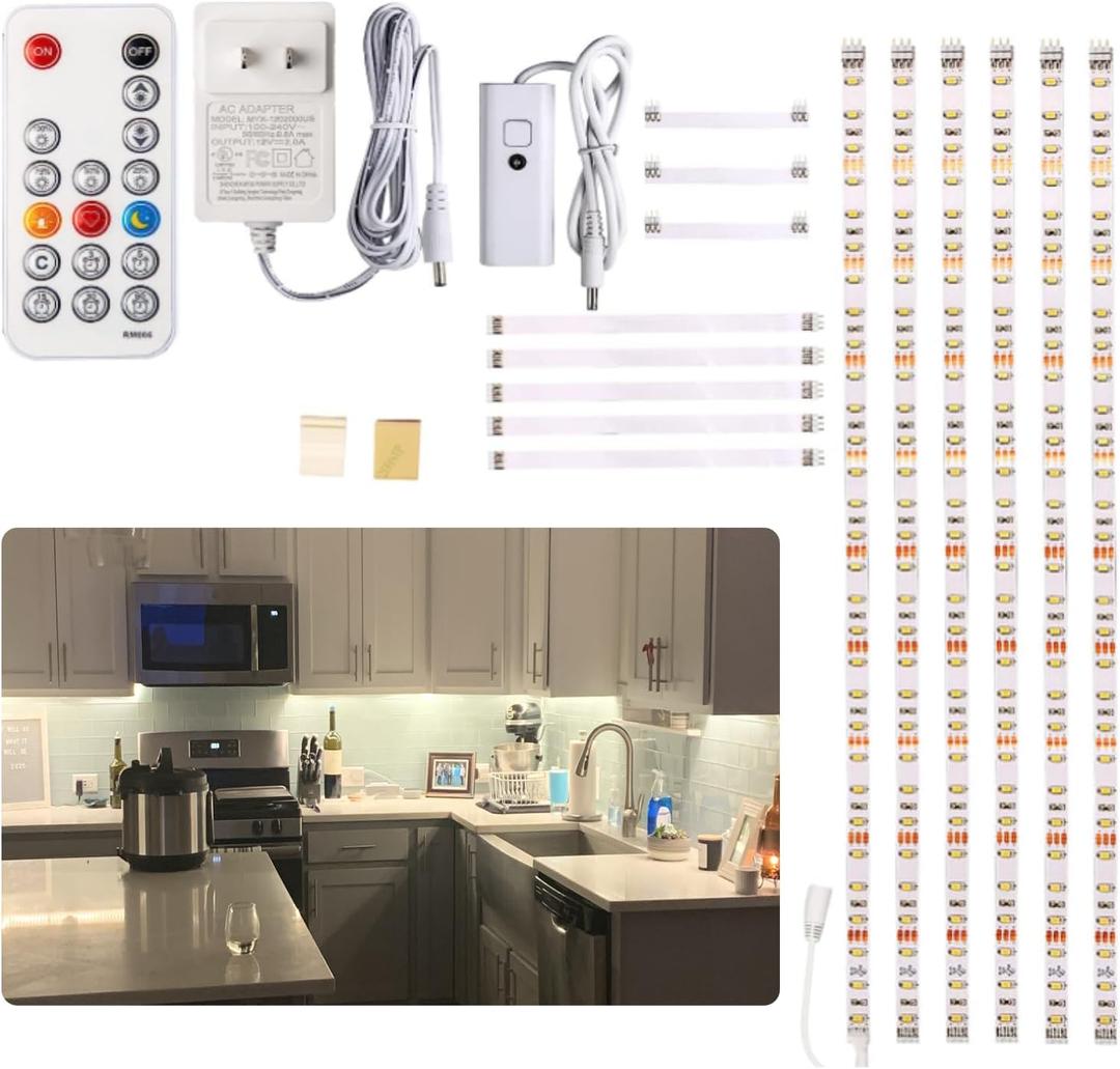 WOBANE Under Cabinet Lighting Kit, 6PCS 20inch LED Strip Bars with 24W Adapter,RF Remote,Hidden Super Bright Daylight for Kitchen Cabinet,Under Desk,Counter Lighting,4000K Natural White,1500LM