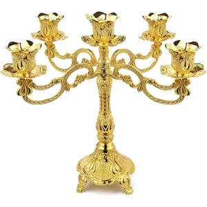 5-Candle Metal Candelabra 10.3 Inch Tall Candlestick Candle Holders for Home Decor Wedding Christmas Church Halloween Party, Gold Tulip