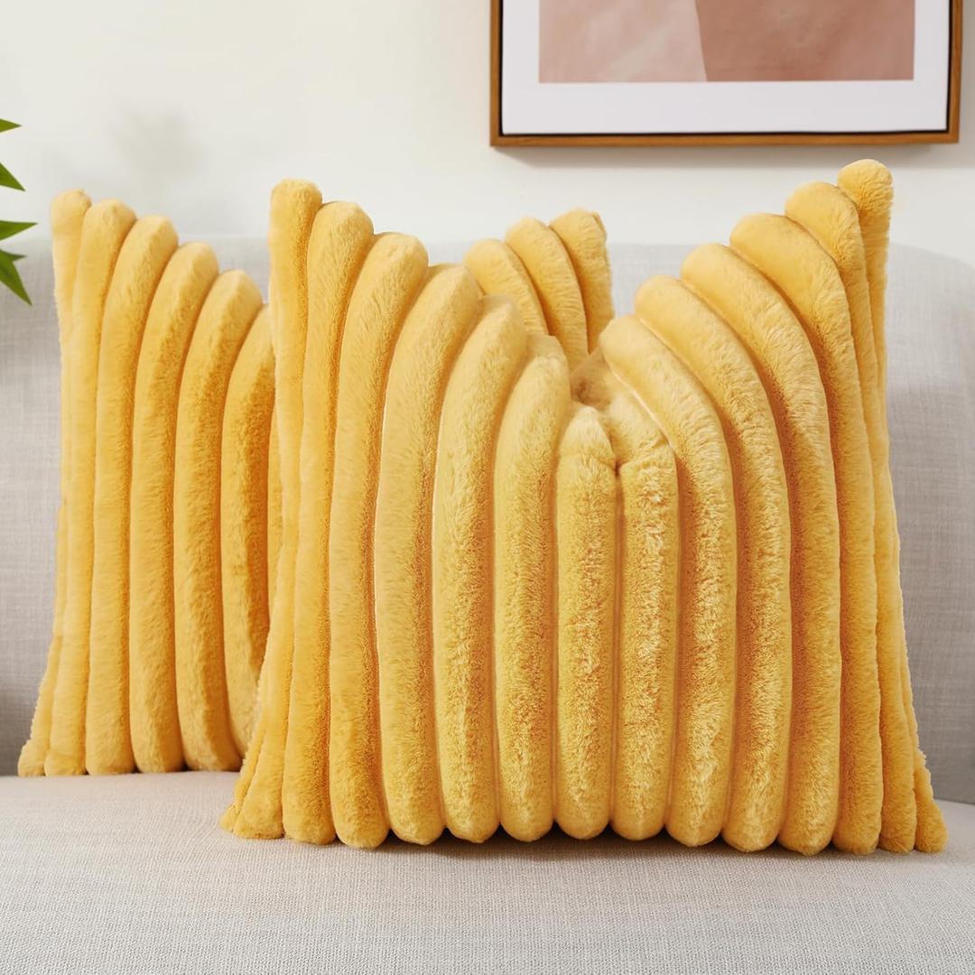decorUhome Faux Fur Throw Pillow Covers 18x18 Set of 2, Decorative Soft Plush Striped Neutral Couch Pillow Covers with Velvet Back for Sofa, Bed, Living Room Home Decor, Mustard Yellow