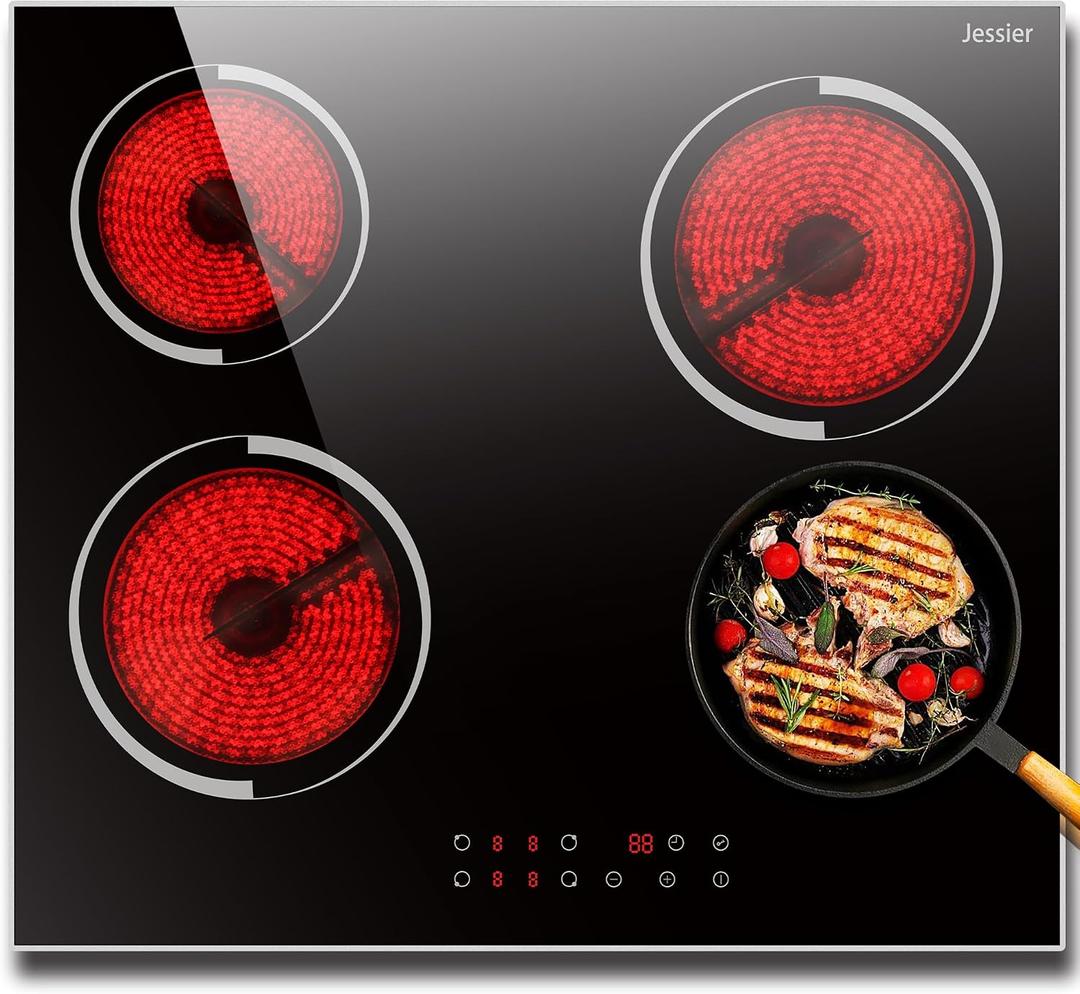 Electric Cooktop 24 Inch - 4 Burner Drop-in(22.05"x19.3") Electric Ceramic Cooktop, Electric Stove Top with Glass Protection Metal Frame, 9 Heating Level, 6000W, 220V Hard Wire(No Plug)