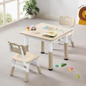 Kids Table & Chairs Set (2 Chairs) Height Adjustable for Ages 2-8 | Non-Slip Toddler Activity Table with Wipe-Clean Desktop, Montessori Learning & Art Drawing Table for Home Preschool (Burlywood)
