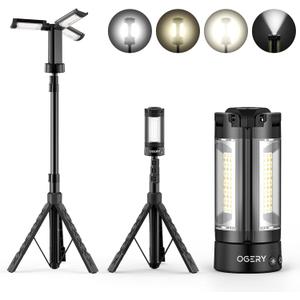 OGERY Rechargeable 10000mAh Camping Light with Stand 6.5 ft Max Height, Cordless Work Light with 3 LED Lamp Heads, 2200 Lumens Camping Essentials Gear Emergency Flashlight with Detachable Tripod (Black)