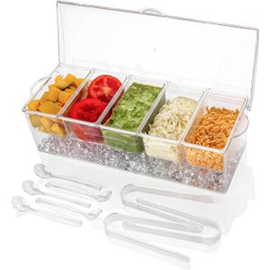 Ice Chilled 5 Compartment Condiment Server Caddy | Fruit Serving Tray | Condiment Pots with 5 Removable Dishes Over 2 Cup Capacity Each and Hinged Lid