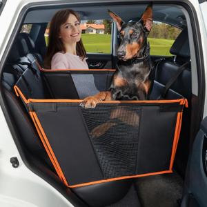 Large Dog Car Seat for Medium Dogs, Waterproof Faux Leather Pet Carrier for Active Pets at Back Seat Half Hammock with 4 Hard Sides & Bottom Extender for Cars SUV Trucks (BlackOrange)