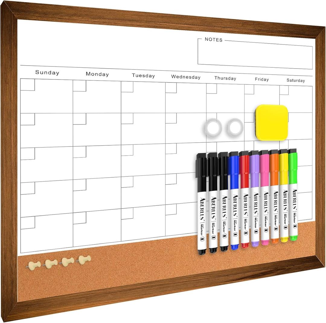 Dry Erase Monthly Calendar Board for Wall, 17"x13" Hanging Board, Magnetic White Boards, Rustic Brown Wood Frame White Board Cork Board Combo, Calendar Bulletin Board for Kitchen Planner Memo Office