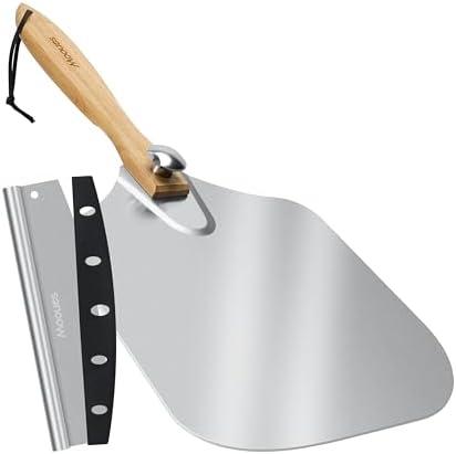Mooues Pizza Peel Aluminum Pizza Spatula, Metal Pizza Paddle(14inx 16in) with Rocker Cutter Foldable Wood Handle, [Storage bag included], for Family Pizza Oven Baking Pizza, Dough, Bread & Pastry