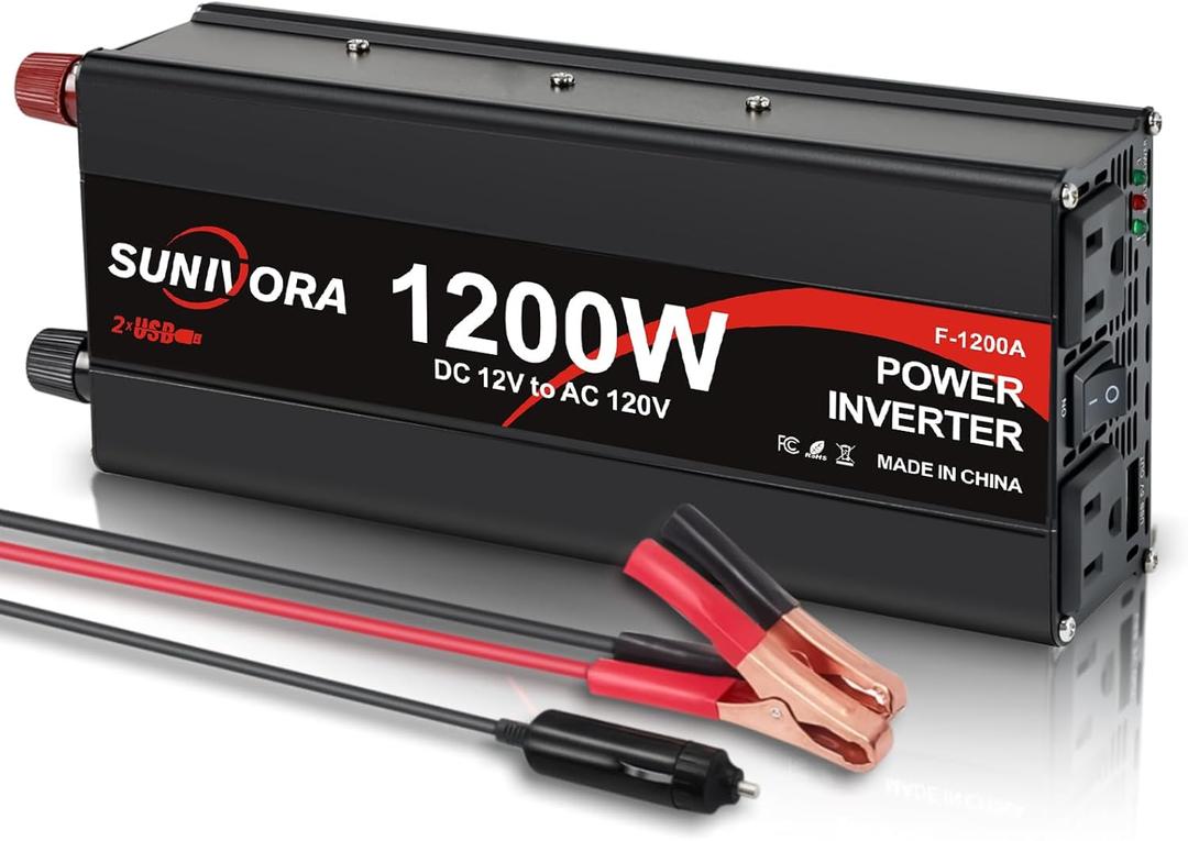 Sunivora 1200 Watt Car Power Inverter 12V DC to 110V/120V AC Converter 2400W Peak, 2 AC Outlets & 2 5V USB 3.0 Ports, Car Plug in Adapter Outlet Supplies Power to Appliances in Truck RV Boat Camping