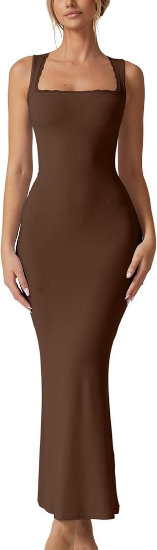 QINSEN Women's Square Neck with Lace Detail Long Maxi Dress Sleeveless Lounge Ribbed Full Length Dresses (Medium, Brown)