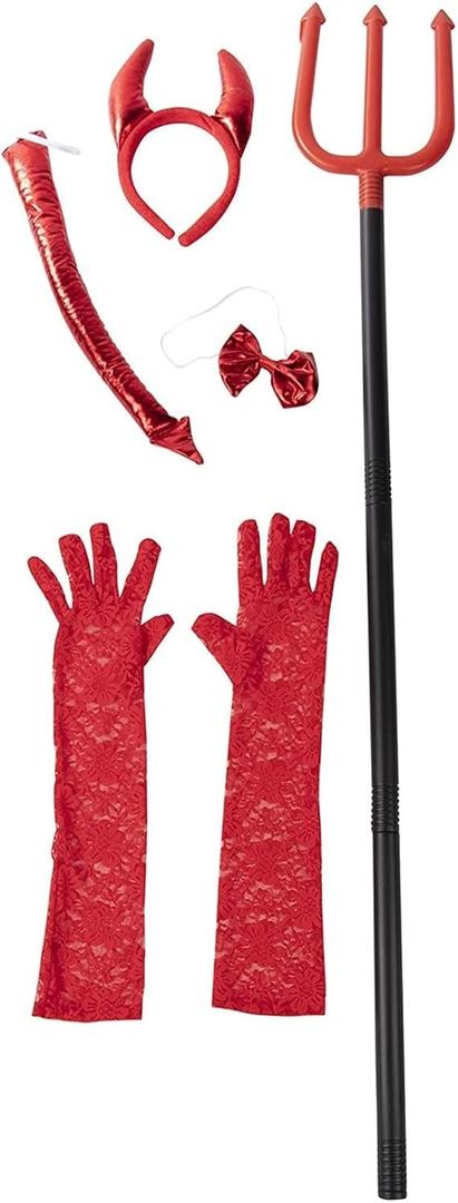 BLUE PANDA 5-Piece Devil Halloween Costume with Red Felt Horned Headband, Bow Tie, Tail, Pitchfork, and Lace Gloves, Complete Girls Devil Costume Set for Halloween Parties and Dress-Up - Red Pitchfork