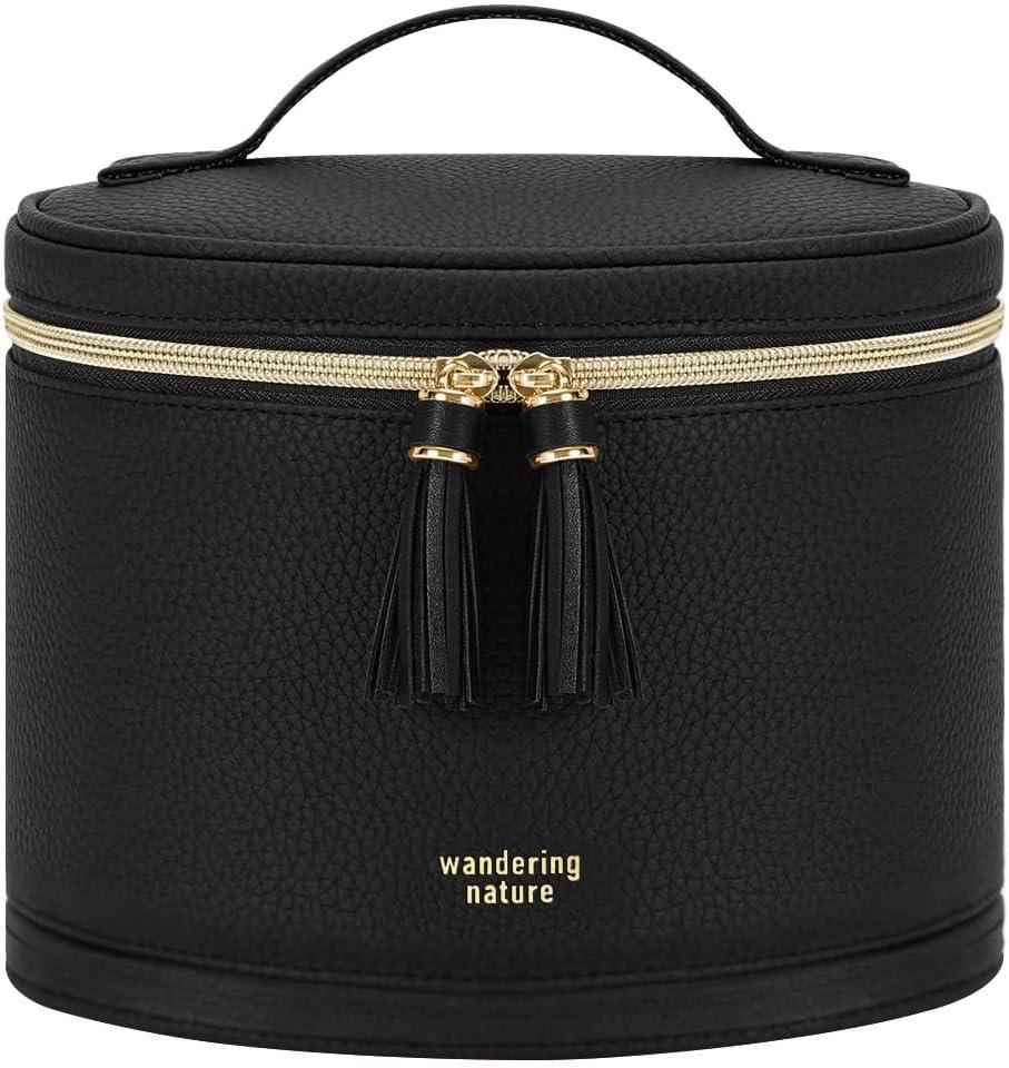 Wandering Nature Travel Makeup Bag for Women, Structured Vanity Case with Wipe-Clean EVA Interior & Removable Divider, Brush Loops, Fold-Flat PU Leather Makeup Case with Handle